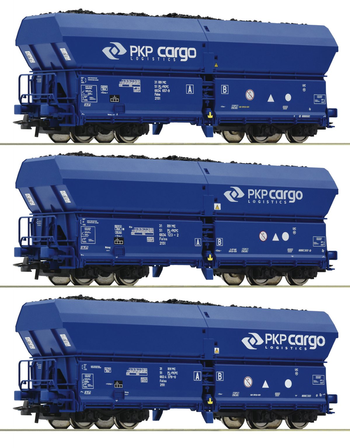 Roco 76046  3 piece set self unloading hopper wagons, PKP Cargo