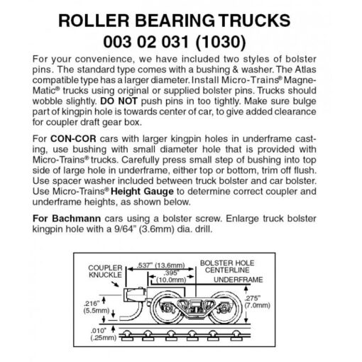 Micro Trains 00302031 (1030)   N Roller Bearing Trucks w/ short ext. couplers (1 pr)