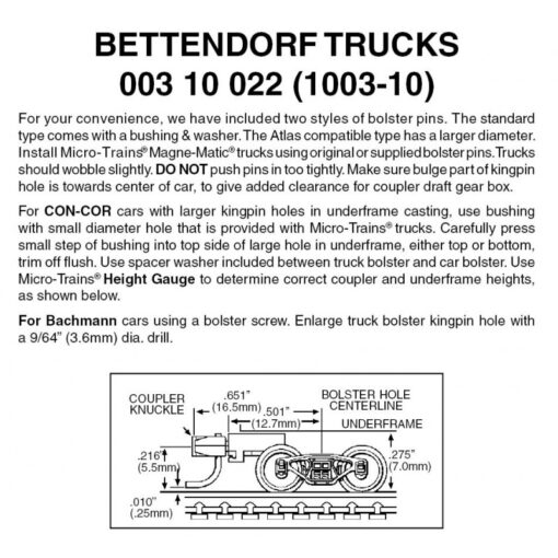 Micro Trains 00310022 (1003-10)   N Bettendorf trucks w/medium ext couplers (10 pr)