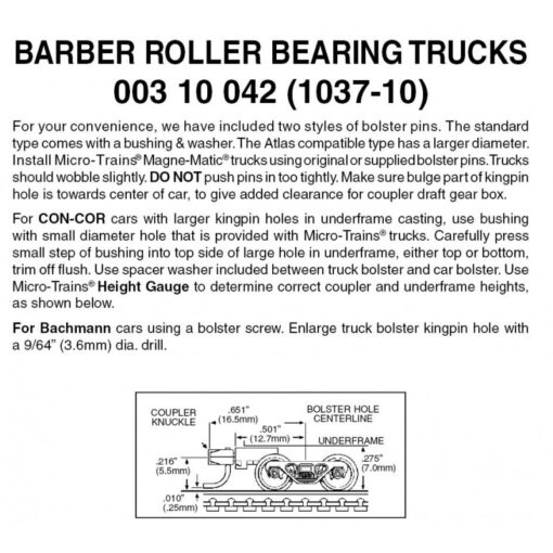Micro Trains 00310042 (1037-10)   N Barber Roller Bearing Trucks w/ med. ext. couplers (10 pr)