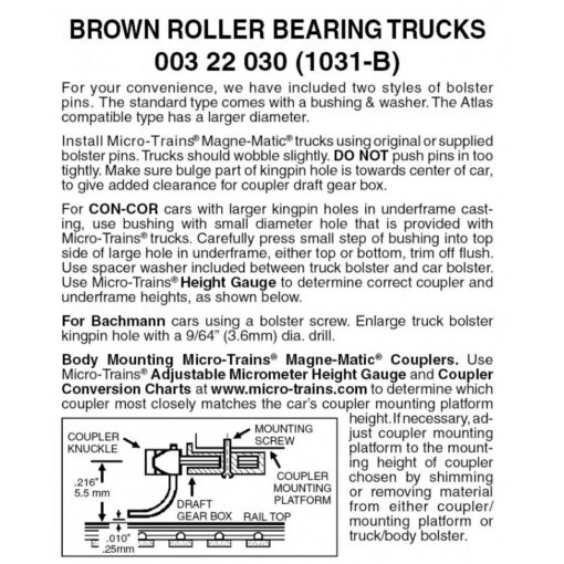 Micro Trains 00322030 (1031B)   N Brown Roller Bearing Trucks w/o couplers (1 pr)