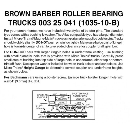 Micro Trains 00325041 (1035-10B)  N Brown Barber Roller Bearing Trucks w/ short ext. couplers (10 pr)