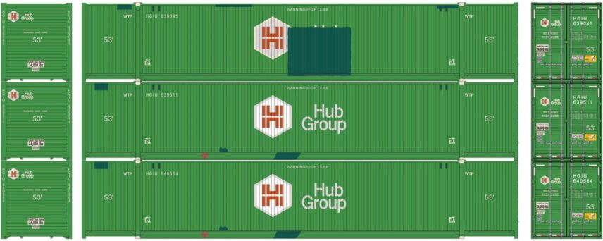 Athearn 17756  N 53’ CIMC Containers, Hub Group (3 Pack)