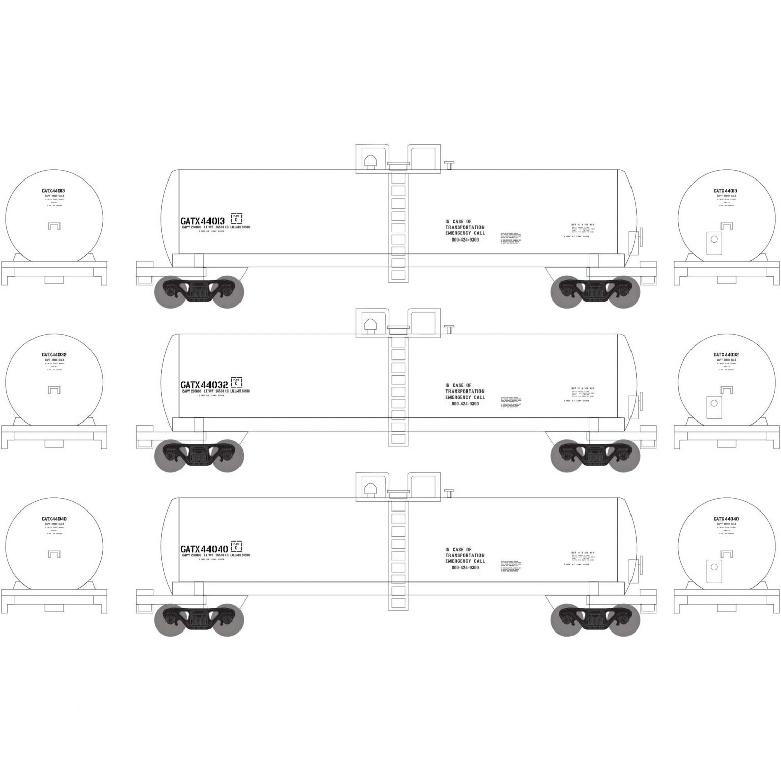 Athearn 13718   N 50′ RTC 20,000 Gallon Tank Car, GATX White (3 Pack) #44013, 44032, 44040