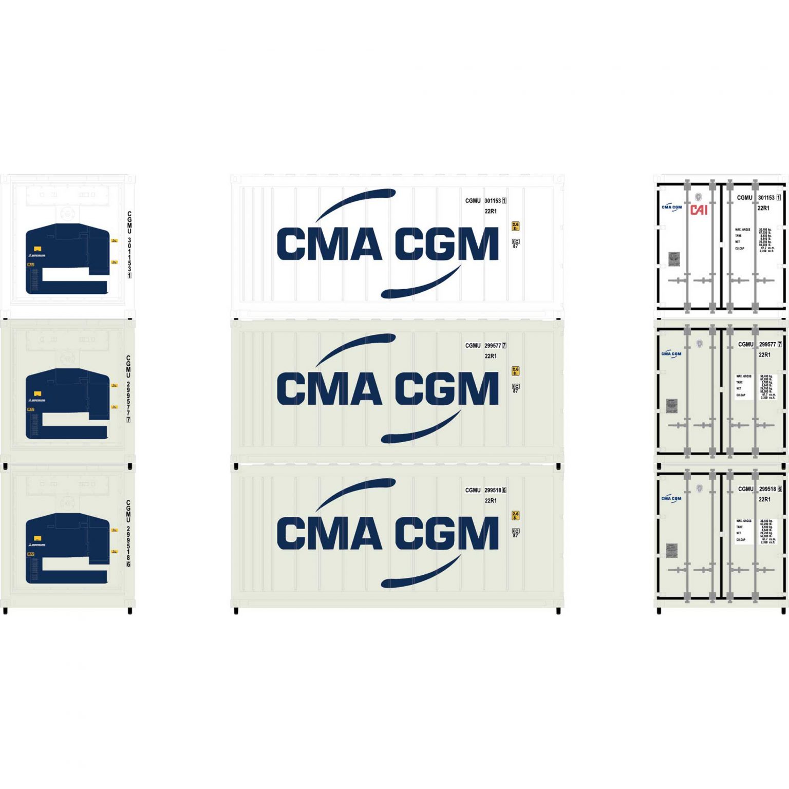 Athearn 17728  N 20’ Reefer Container, CMA CGM (3 Pack)