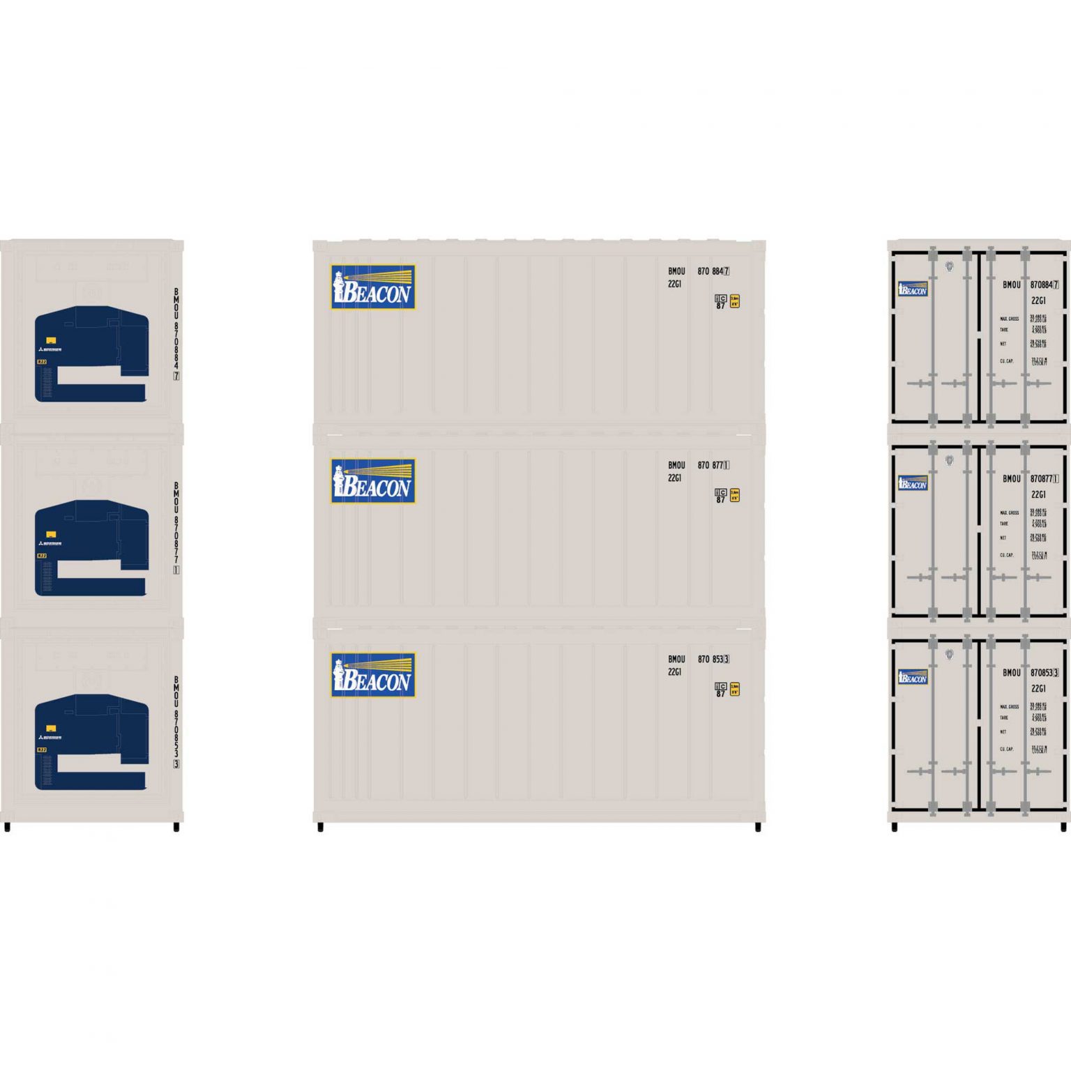 Athearn 17732  N 20’ Reefer Container, Beacon (3 Pack)
