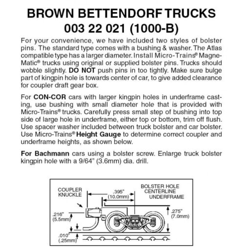 Micro Trains 00322021 (1000-B)   N Bettendorf trucks w/short ext. couplers. 1 pr brown