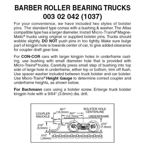 Micro Trains 00302042 (1037)   N Barber Roller Bearing Trucks w/ med. ext. couplers (1 pr)