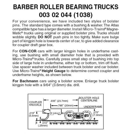 Micro Trains 00302044 (1038)   N Barber Roller Bearing Trucks w/ long ext. couplers (1 pr)