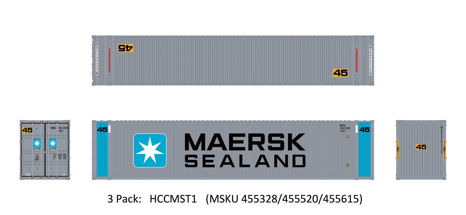 Aurora Miniatures HCCMST1  45' Hi-Cube Dry Container, Maersk Sealand 1 (3 Pack)