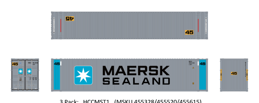 Aurora Miniatures HCCMST1  45' Hi-Cube Dry Container, Maersk Sealand 1 (3 Pack)
