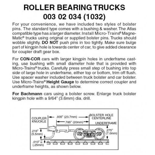 Micro Trains 00302034 (1032)   N Roller Bearing Trucks w/ long ext. couplers (1pr)
