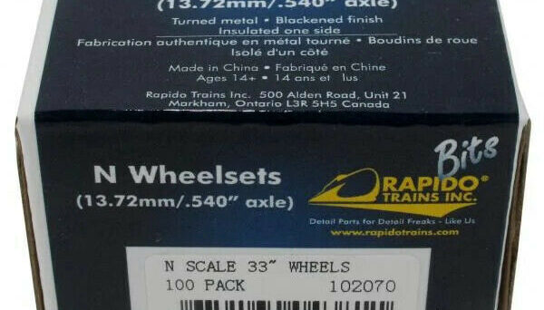 Rapido Trains 102070   N 33" Metal Wheelsets -- pkg(100)