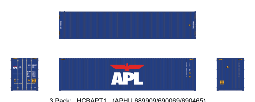 Aurora Miniatures HCBAPT1 40ft Containers 3 Pack, APL Large Logo (APHU 689909/690069/690465)