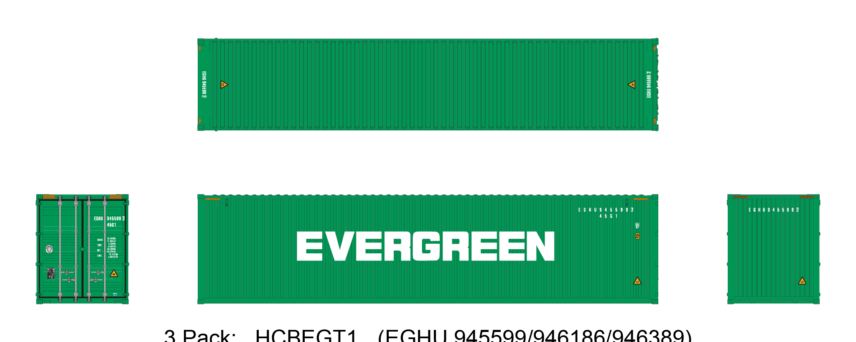 Aurora Miniatures HCBEGT1 40ft Containers 3 Pack, Evergreen (EGHU 945599/946186/946389)