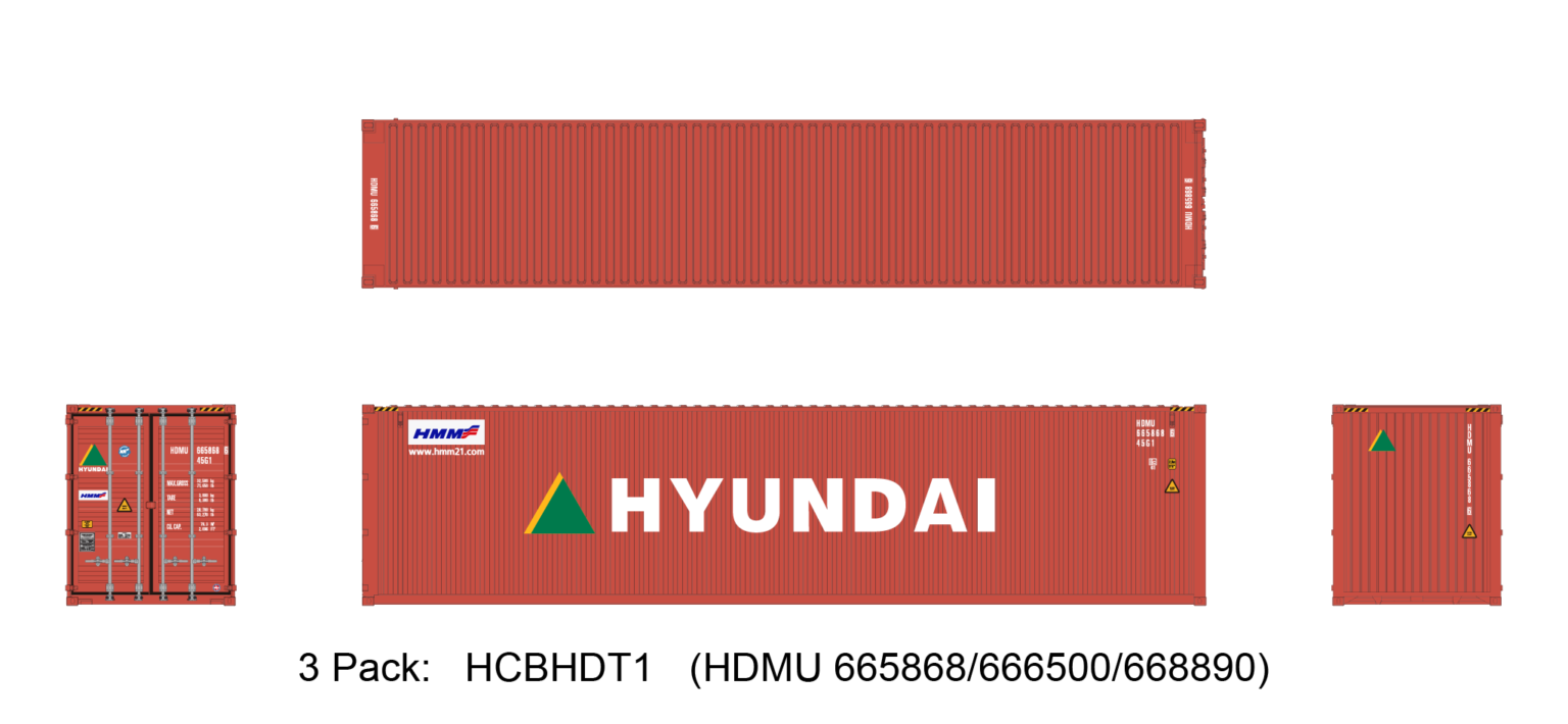 Aurora Miniatures HCBHDT1 40ft Containers 3 Pack, Hyundai (HDMU 665868/666500/668890)