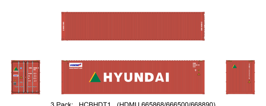 Aurora Miniatures HCBHDT1 40ft Containers 3 Pack, Hyundai (HDMU 665868/666500/668890)
