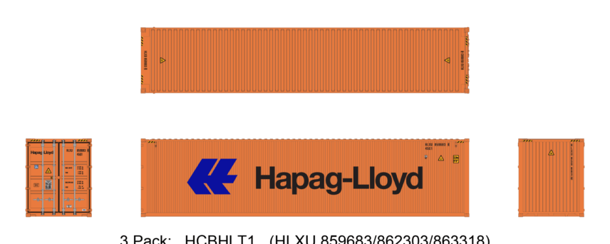 Aurora Miniatures HCBHLT1 40ft Containers 3 Pack, Hapag-Lloyd Large Logo (HLXU 859683/862303/863318)