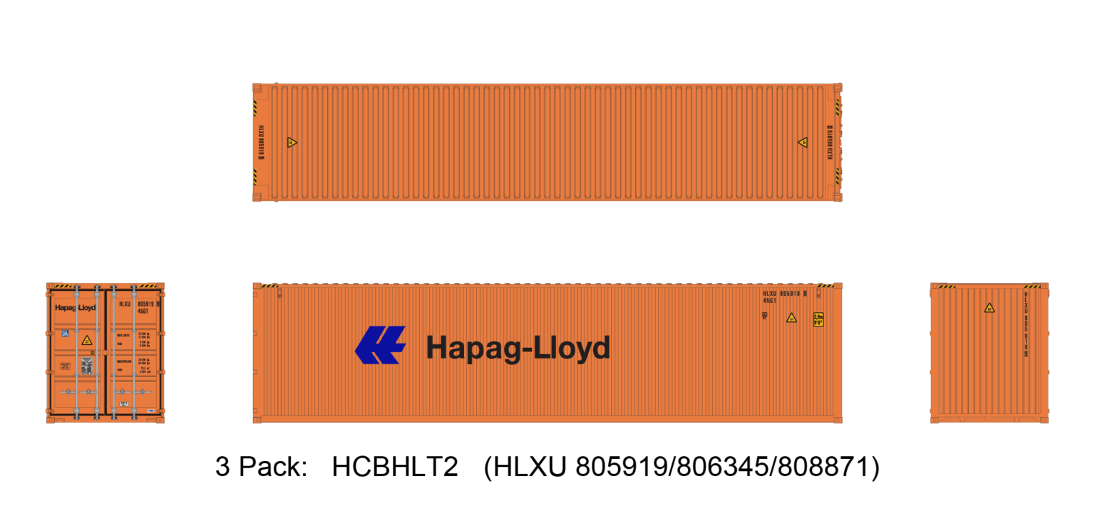 Aurora Miniatures HCBHLT2 40ft Containers 3 Pack, Hapag-Lloyd Small Logo (HLXU 859683/862303/863318)