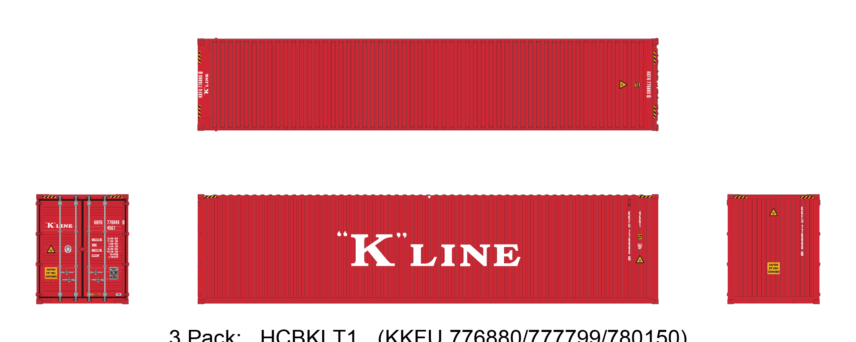 Aurora Miniatures HCBKLT1 40ft Containers 3 Pack, K Line (KKFU 776880/777799/780150)