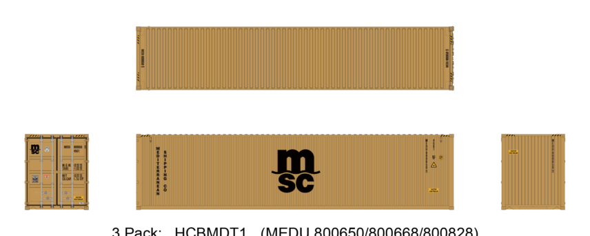 Aurora Miniatures HCBMDT1 40ft Containers 3 Pack, MSC Ochre (MEDU 800650/800668/800828)