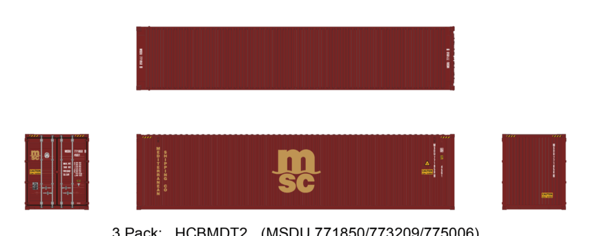 Aurora Miniatures HCBMDT2 40ft Containers 3 Pack, MSC Maroon (MSDU 771850/773209/775006)