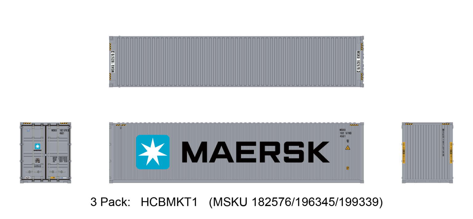 Aurora Miniatures HCBMKT1   40ft Containers 3 Pack, Maersk Large Logo #1 (MSKU 182576/196345/199339)