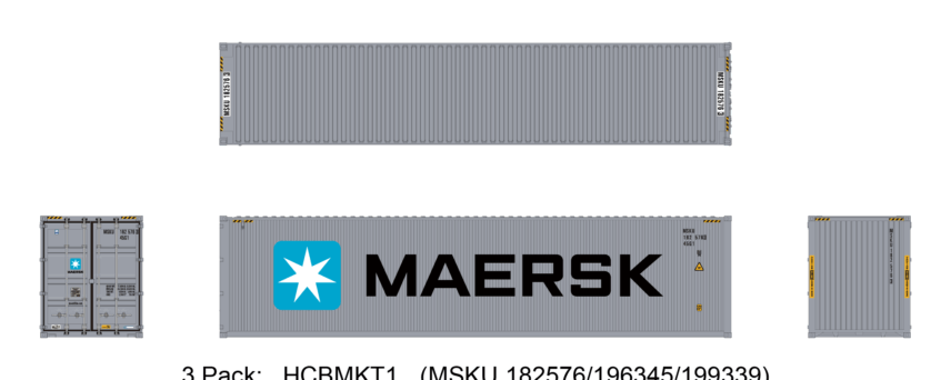 Aurora Miniatures HCBMKT1   40ft Containers 3 Pack, Maersk Large Logo #1 (MSKU 182576/196345/199339)