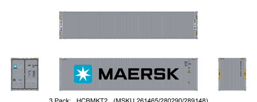 Aurora Miniatures HCBMKT2   40ft Containers 3 Pack, Maersk Large Logo #2 (MSKU 261465/280290/289148)