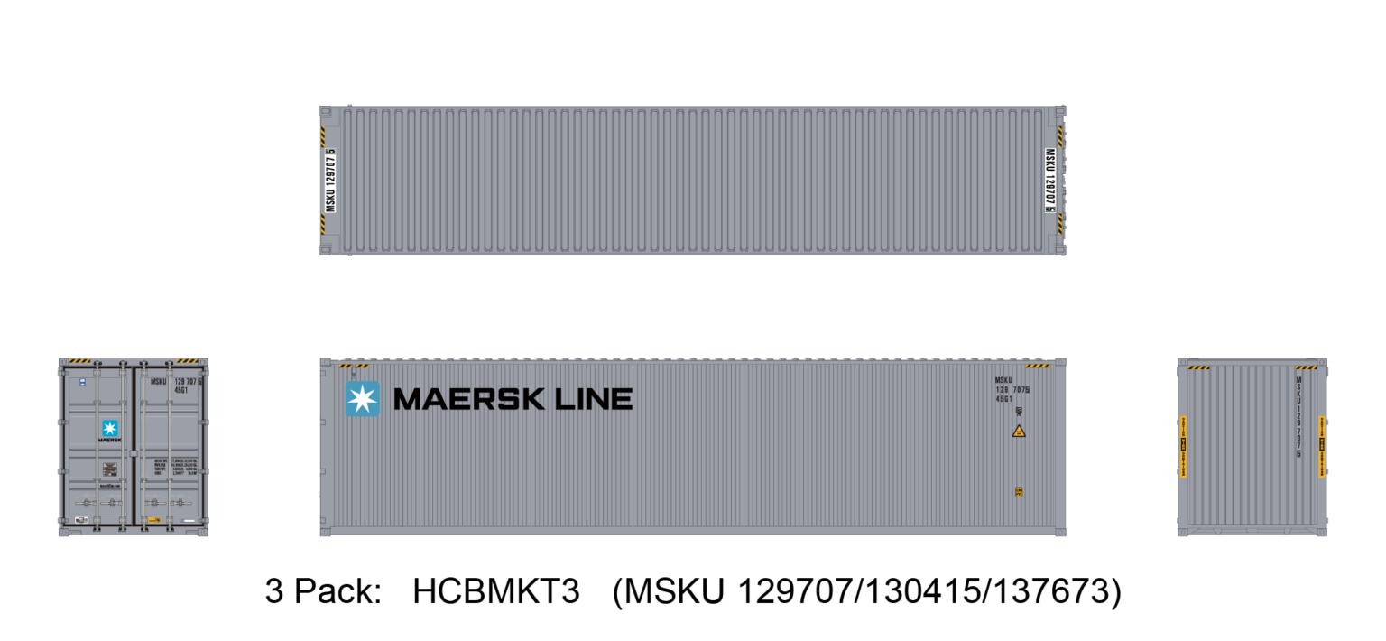 Aurora Miniatures HCBMKT3 40ft Containers 3 Pack Maersk Small Logo (MSKU 129707/130415/137673)