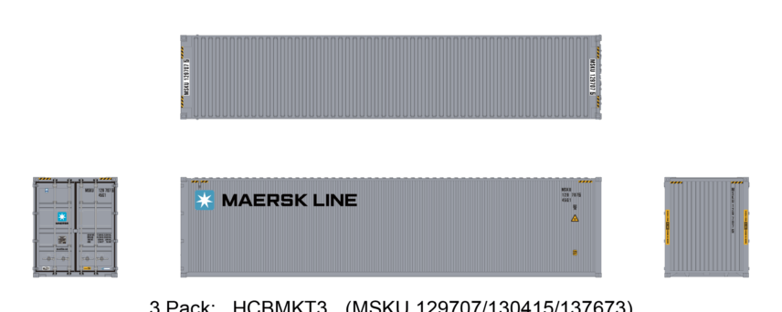 Aurora Miniatures HCBMKT3 40ft Containers 3 Pack Maersk Small Logo (MSKU 129707/130415/137673)