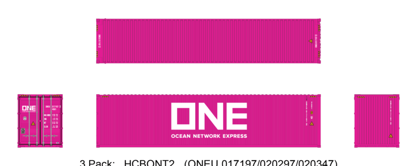 Aurora Miniatures HCBONT2 40ft Containers 3 Pack, ONE Magenta #2 (ONEU 017197/020297/020347)