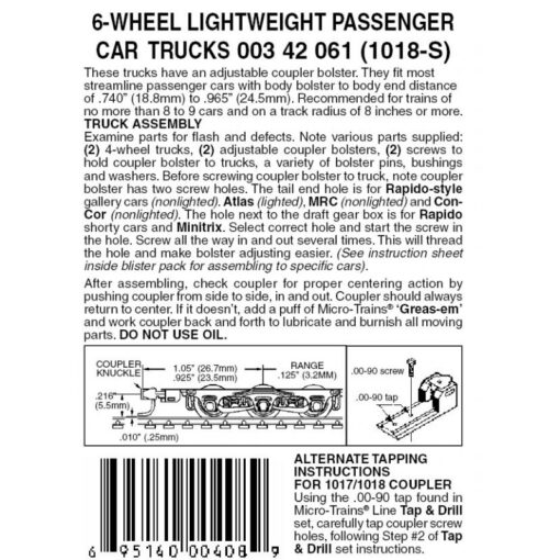 Micro Trains 00342061 (1018S)   N 6-Wheel Passenger Car Trucks w/ adj. couplers Silver 1pr