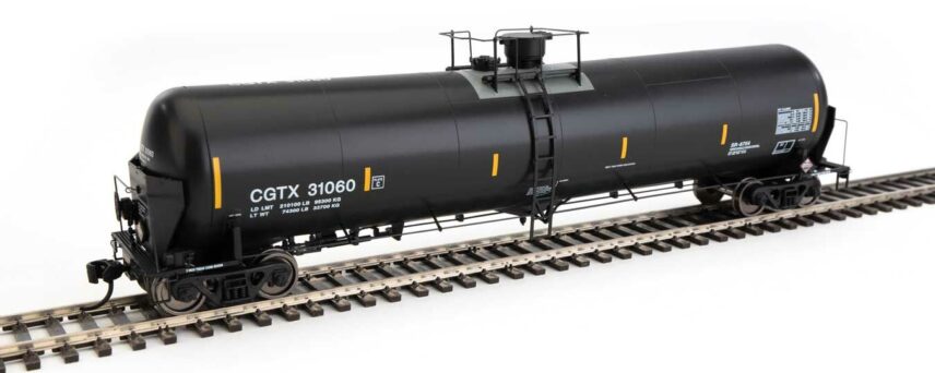 WalthersProto 100734  HO 55' Trinity Modified 30,145-Gallon Tank Car, GATX Rail Canada CGTX #31060 (black, white; yellow conspicuity marks)