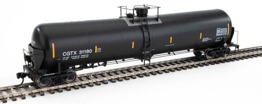 WalthersProto 100736  HO 55' Trinity Modified 30,145-Gallon Tank Car, GATX Rail Canada CGTX #31180 (black, white; yellow conspicuity marks)