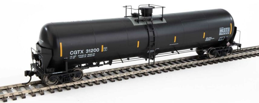 WalthersProto 100737  HO 55' Trinity Modified 30,145-Gallon Tank Car, GATX Rail Canada CGTX #31200 (black, white; yellow conspicuity marks)