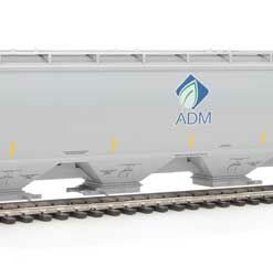 WalthersProto 105841  HO 67' Trinity 6351 4-Bay Covered Hopper, Archer-Daniels-Midland #63469 (gray, Leaf Logo, Yellow Conspicuity Stripes)