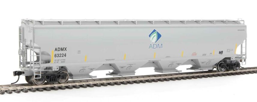 WalthersProto 105839  HO 67' Trinity 6351 4-Bay Covered Hopper, Archer-Daniels-Midland #63224 (gray, Leaf Logo, Yellow Conspicuity Stripes)