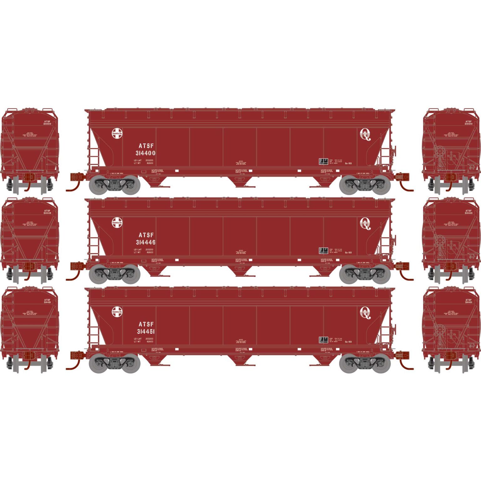 Athearn 12946  N ACF 4600 3-Bay Center Flow Hopper, ATSF (3 Pack) #314400, 314446, 314451