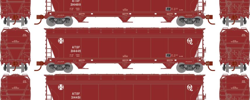 Athearn 12946  N ACF 4600 3-Bay Center Flow Hopper, ATSF (3 Pack) #314400, 314446, 314451
