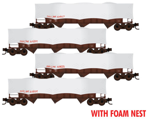 Micro Trains 99302239   N 100 Ton 3-Bay Hopper w/tarps, SOO Line MOW #60839, 60853, 60867, 60899 Foam Nest