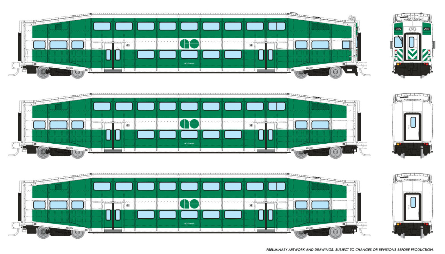 Rapido Trains 545014  N Bilevel Commuter Car, GO Transit Set #2 (Cab: 213 Coaches: 2211 2140)