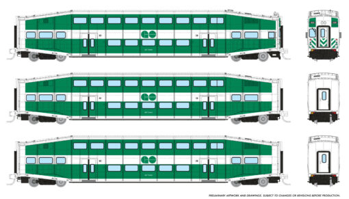 Rapido Trains 545014  N Bilevel Commuter Car, GO Transit Set #2 (Cab: 213 Coaches: 2211 2140)