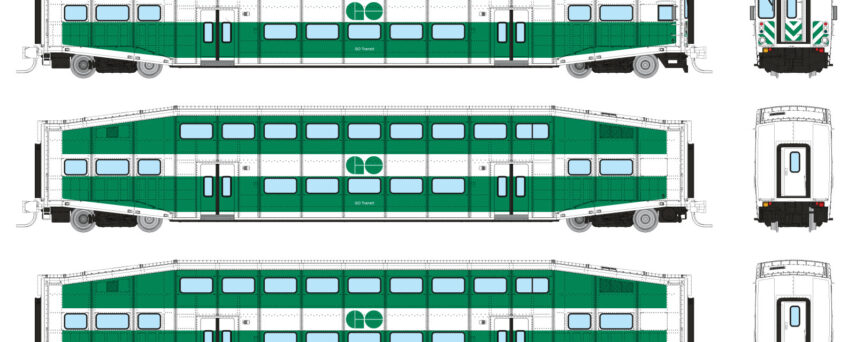 Rapido Trains 545014  N Bilevel Commuter Car, GO Transit Set #2 (Cab: 213 Coaches: 2211 2140)