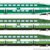 Rapido Trains 545017  N Bilevel Commuter Car, GO/Metrolinx Set #2 (Cab: 257 Coaches: 2838 2857)