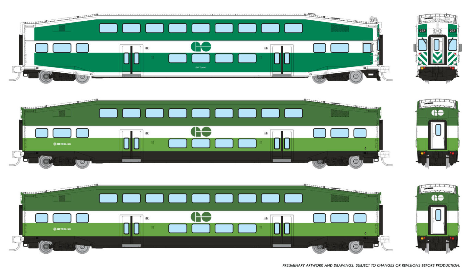 Rapido Trains 545017  N Bilevel Commuter Car, GO/Metrolinx Set #2 (Cab: 257 Coaches: 2838 2857)