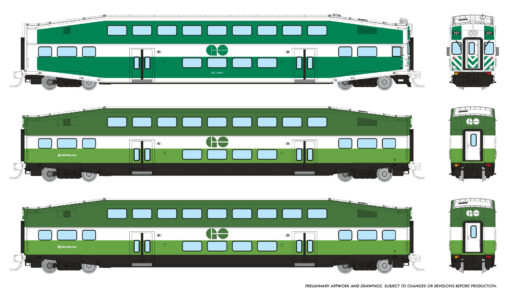 Rapido Trains 545017  N Bilevel Commuter Car, GO/Metrolinx Set #2 (Cab: 257 Coaches: 2838 2857)