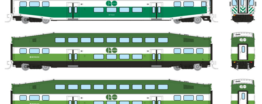 Rapido Trains 545017  N Bilevel Commuter Car, GO/Metrolinx Set #2 (Cab: 257 Coaches: 2838 2857)