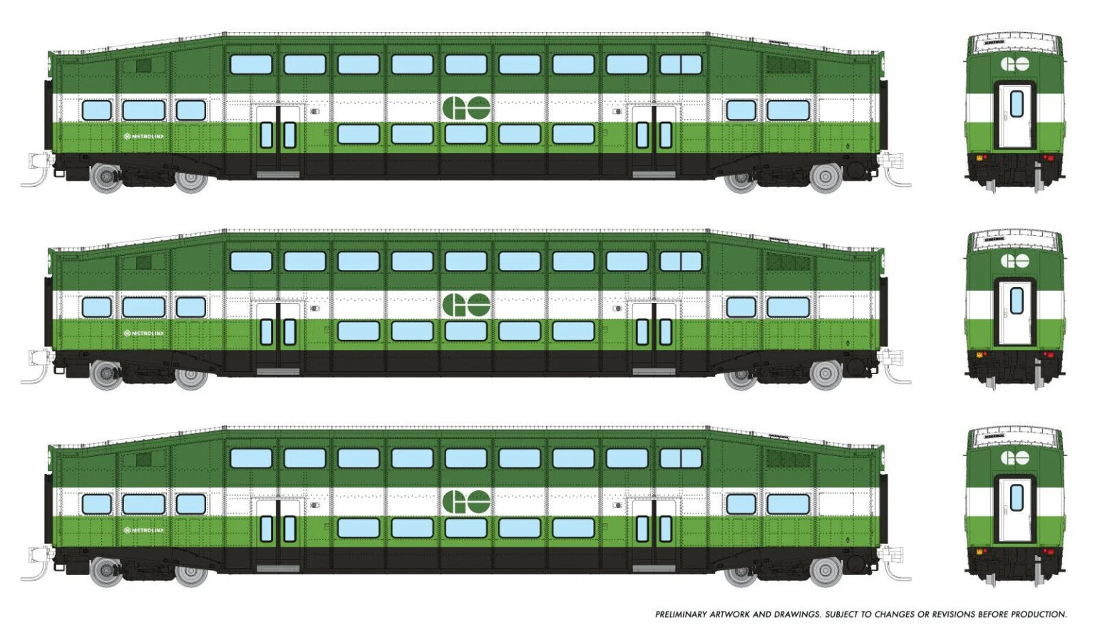 Rapido Trains 545018  N Bilevel Commuter Car, GO/Metrolinx Set #3 (Coaches: 2002 2065 2079)