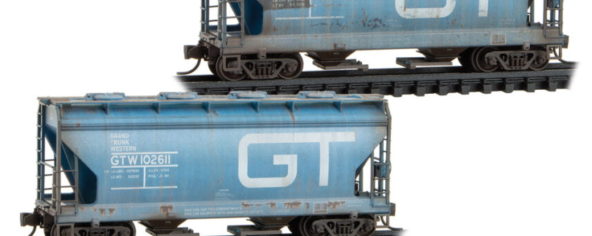 Micro Trains 98305074   N 2-Bay Covered Hoppers, Grand Truck Western #102606, 102611 Weathered